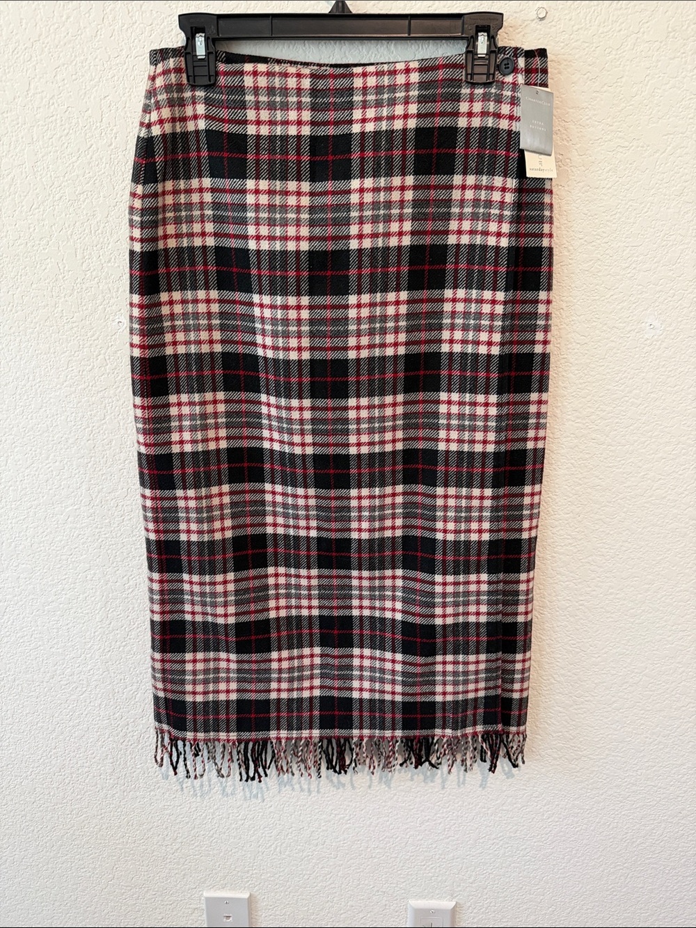 Charter Club Wool blend Plaid Fringe Pencil Wrap Skirt